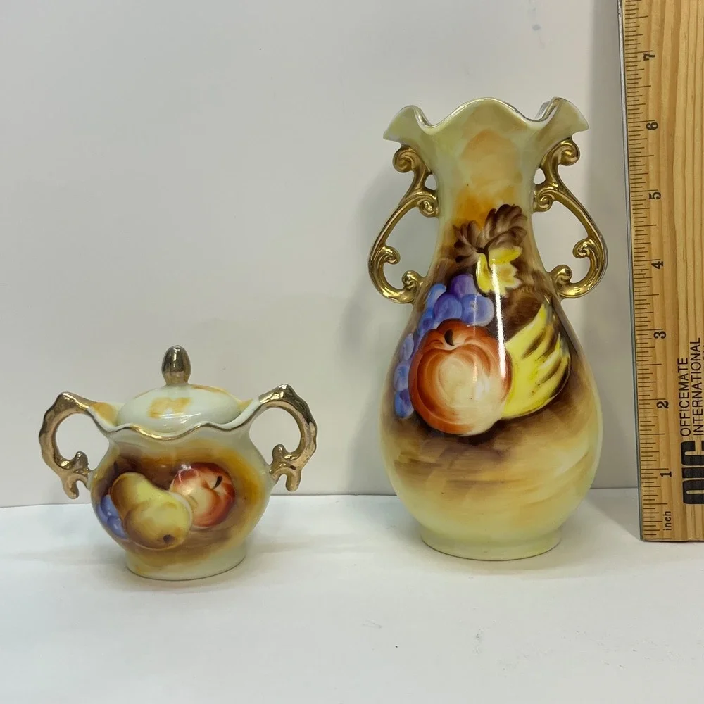 Vintage Enesco‎ Japan Ceramic Fruit Vase and Sugar Bowl Set Gold Trim E2350